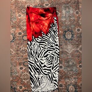VENUS Y2K Zebra Print Red and Black Bodycon Maxi Skirt with Knot Detail size M
